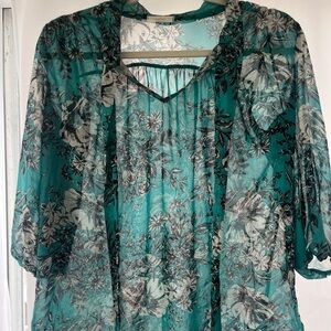 Loola Teal Floral Sheer Blouse with Black & White Print
